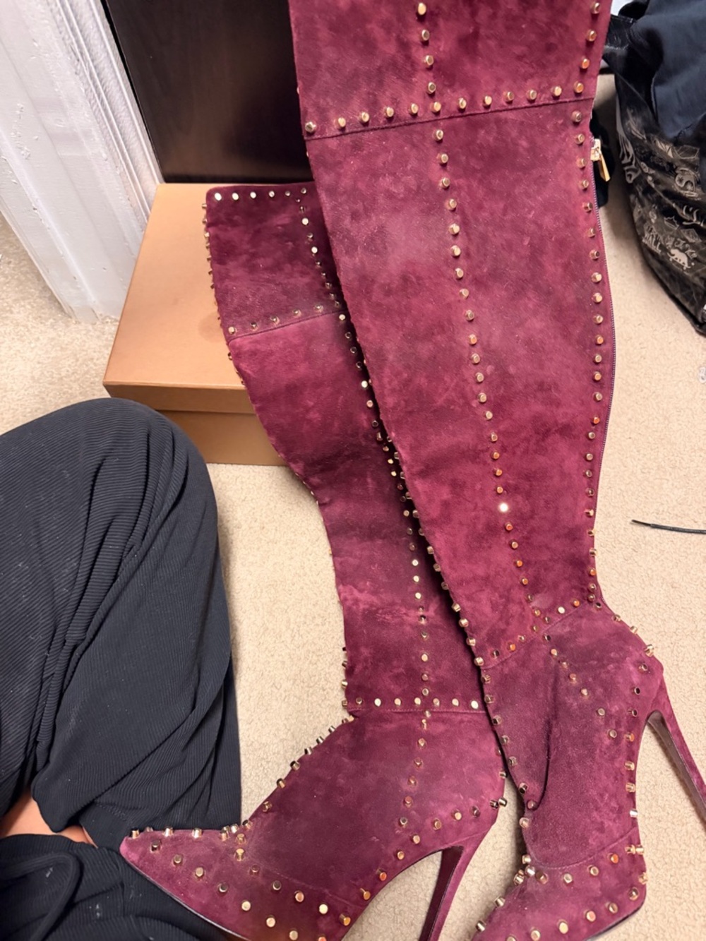 Jennifer Le 2BD Studded Over-the-Knee Suede Boots in Burgundy